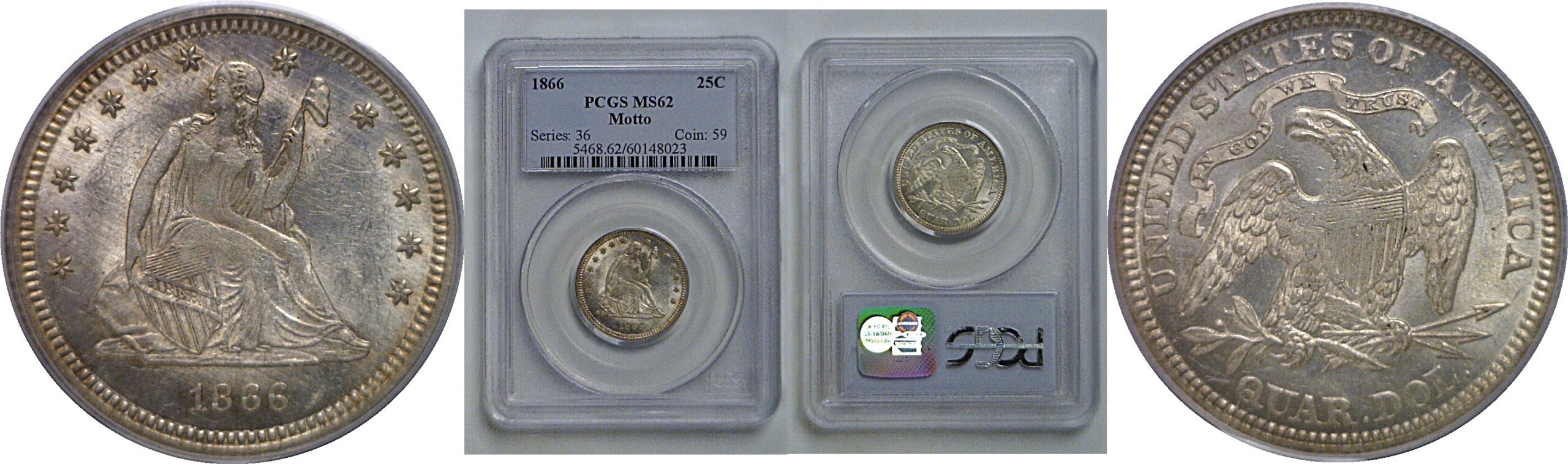 1866 Seated Liberty Quarter   PCGS MS-62