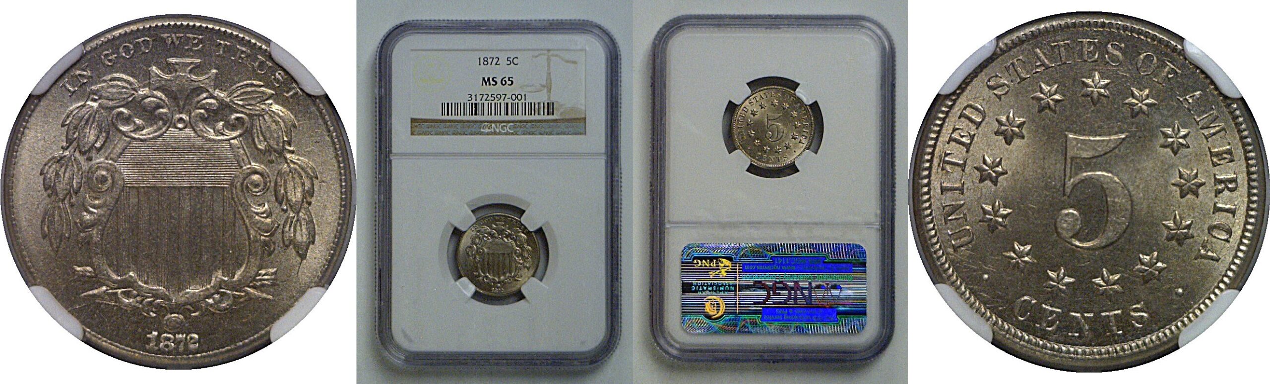 1872  Shield Nickel   NGC MS-65