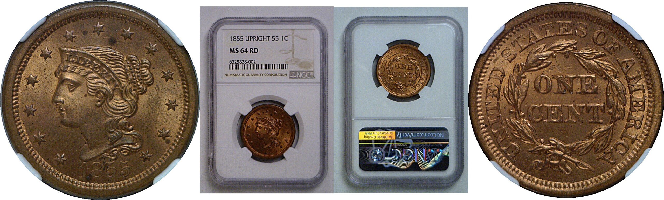 1855 Large Cent   NGC MS-64 RD