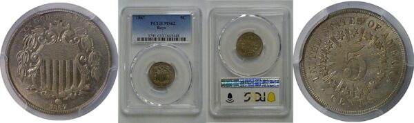 1867 Rays  Shield Nickel   PCGS MS-62