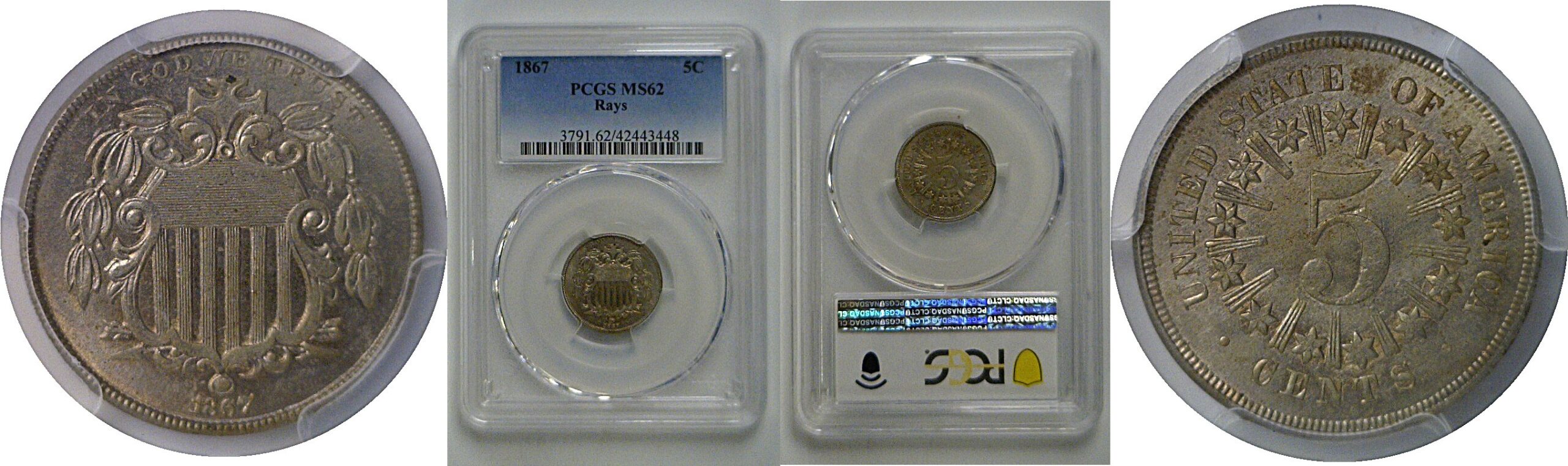 1867 Rays  Shield Nickel   PCGS MS-62
