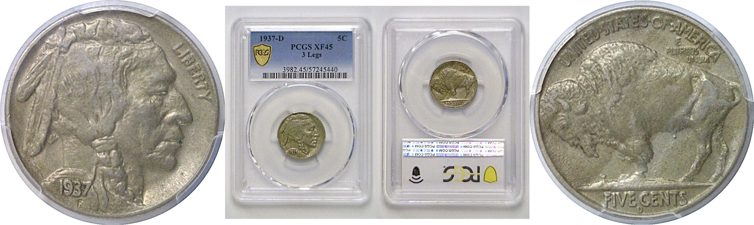 1937-D 3 Legs  Buffalo Nickel   PCGS XF-45