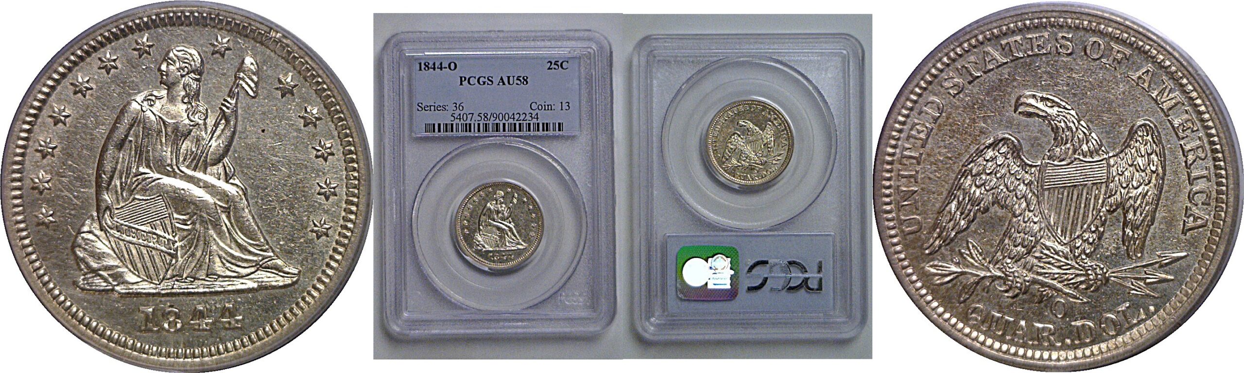 1844-O Seated Liberty Quarter    PCGS AU-58
