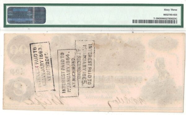 1862 $100 Confederate Note T-39 PMG Choice CU-63 - Image 3