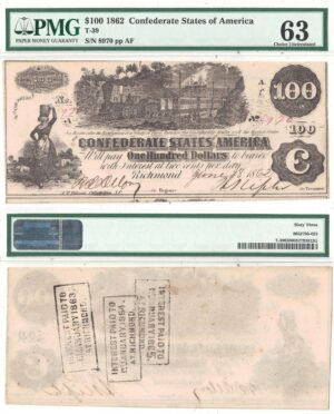 1862 $100 Confederate Note T-39 PMG Choice CU-63