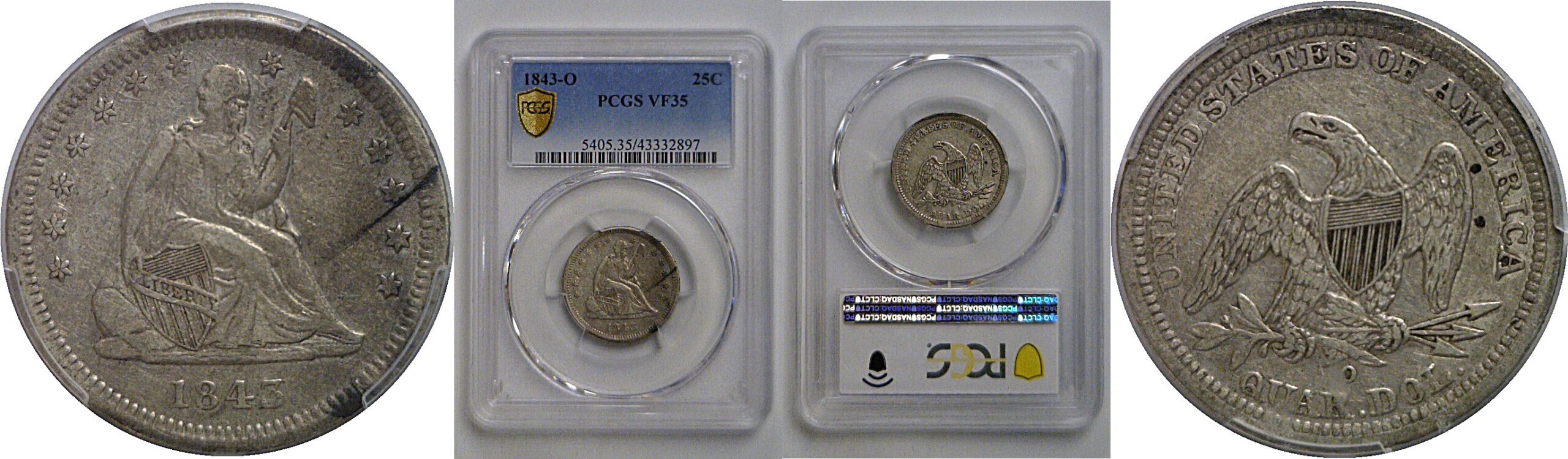 1843-O Seated Liberty Quarter   PCGS VF-35