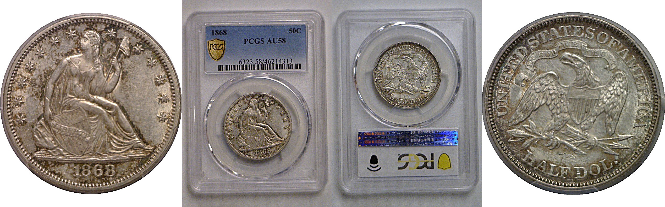 1868 Seated Liberty Half Dollar    PCGS AU-58