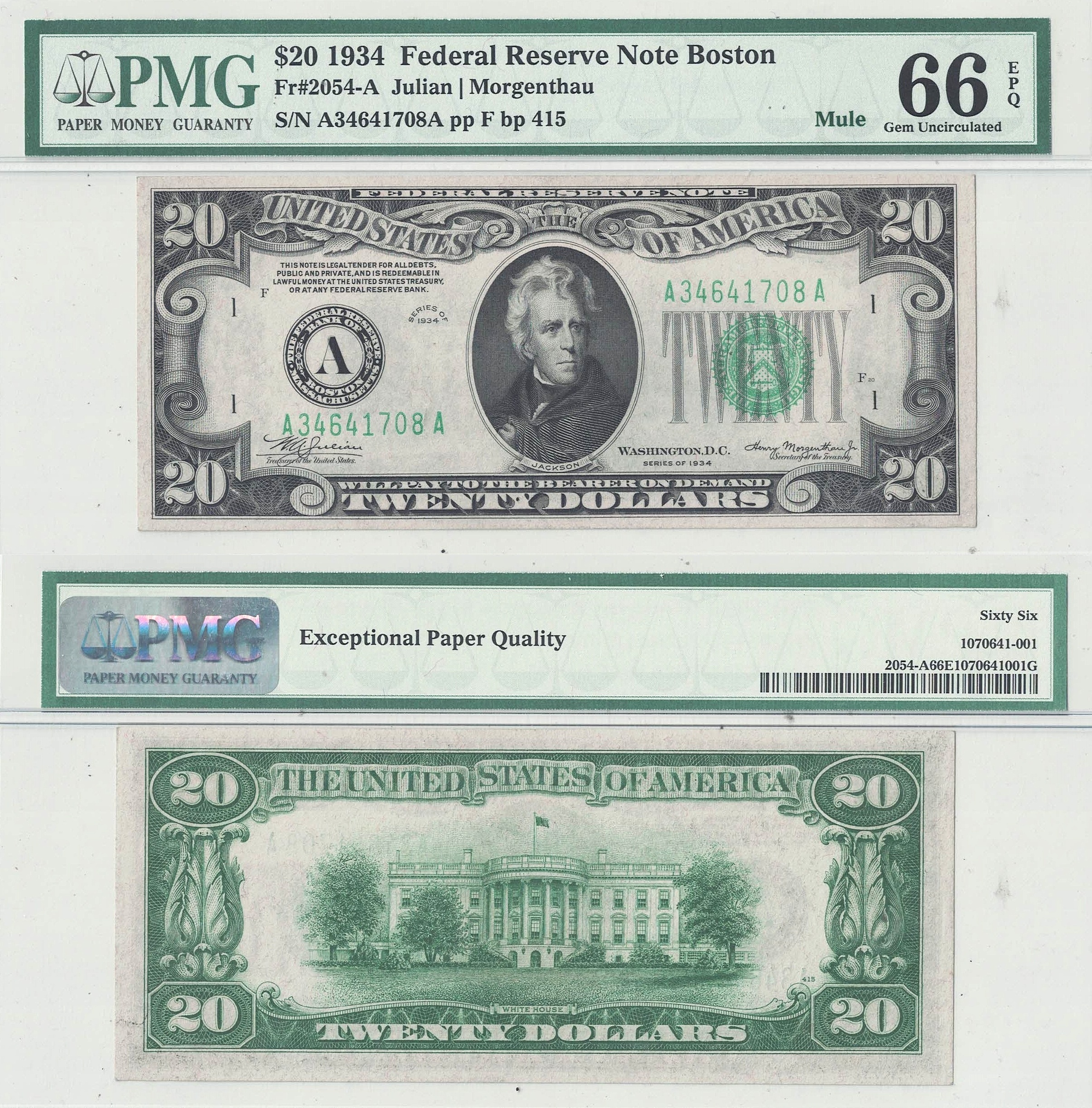 1934 $20 Federal Reserve Note Mule Fr-2054-Am PMG Gem CU-66 EPQ