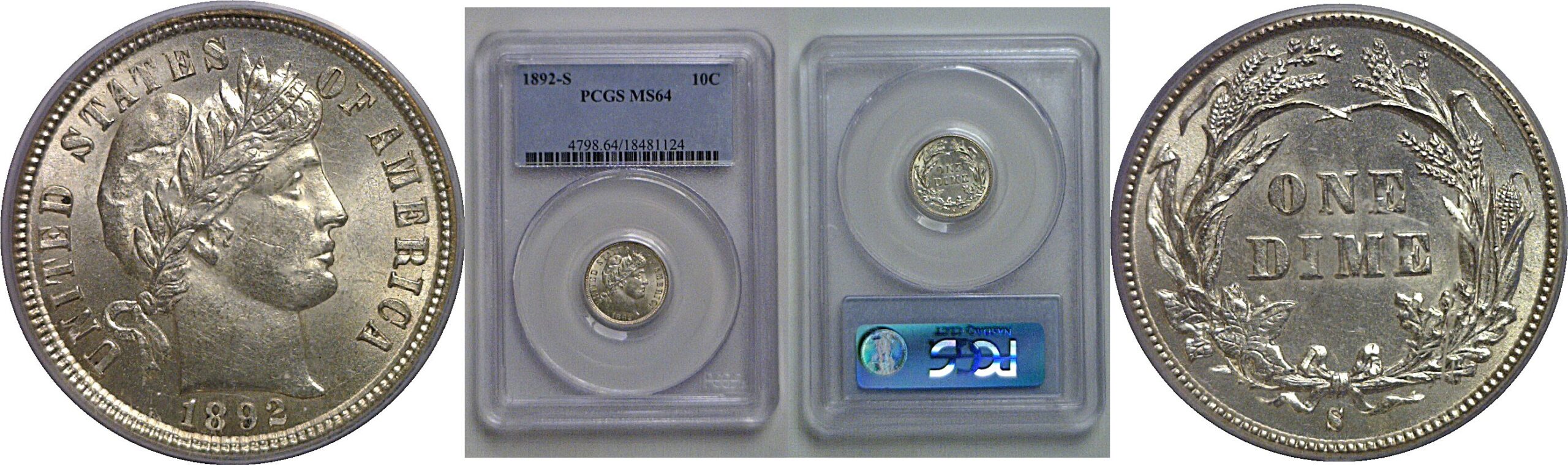 1892-S Barber Dime   PCGS MS-64