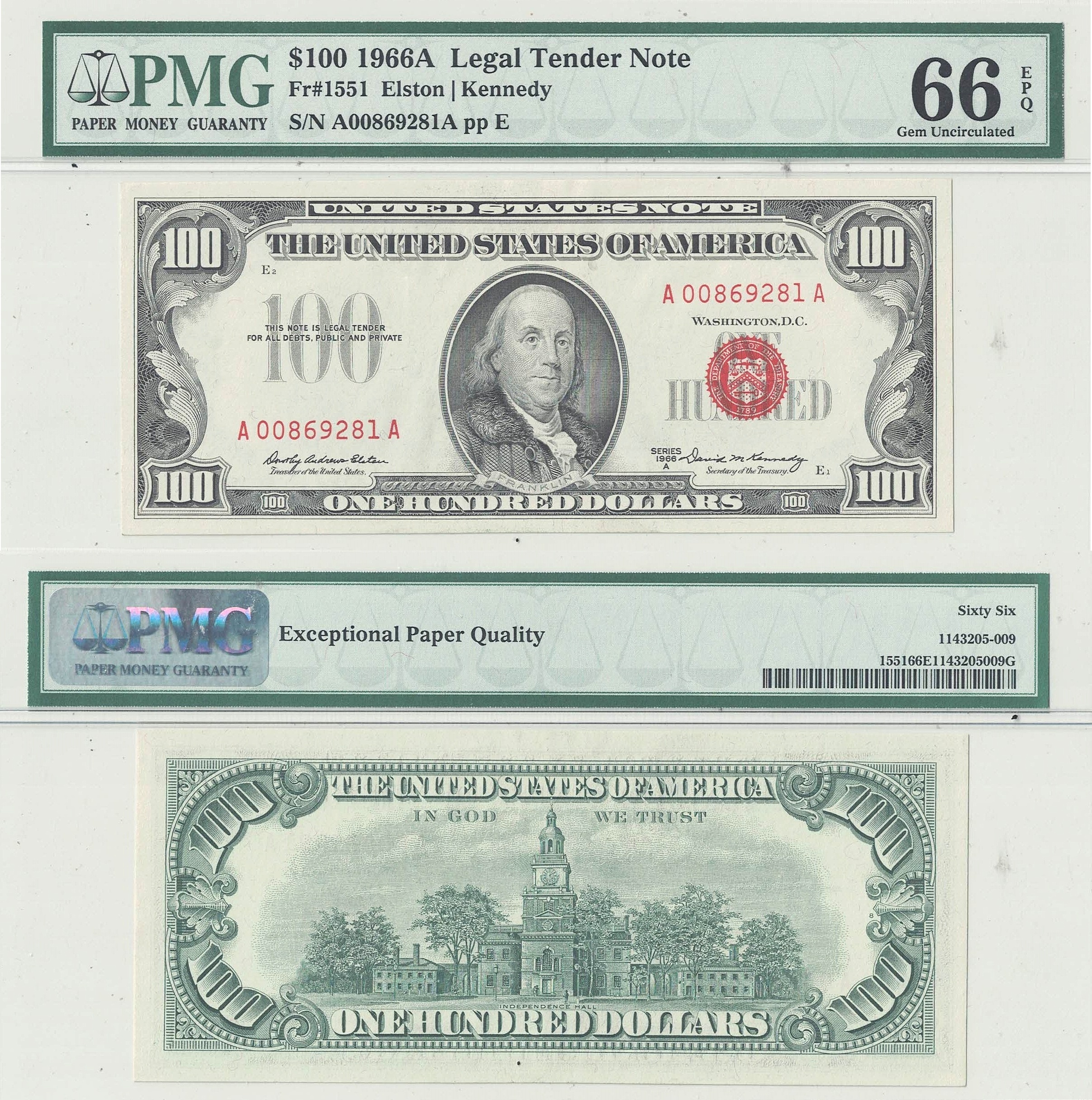 1966-A $100 Legal Tender Note Fr-1551 PMG Gem CU-66 EPQ