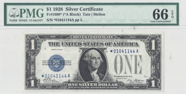 1928 $1 Silver Certificate Star Note Fr-1600* PMG Gem CU-66 EPQ - Image 2