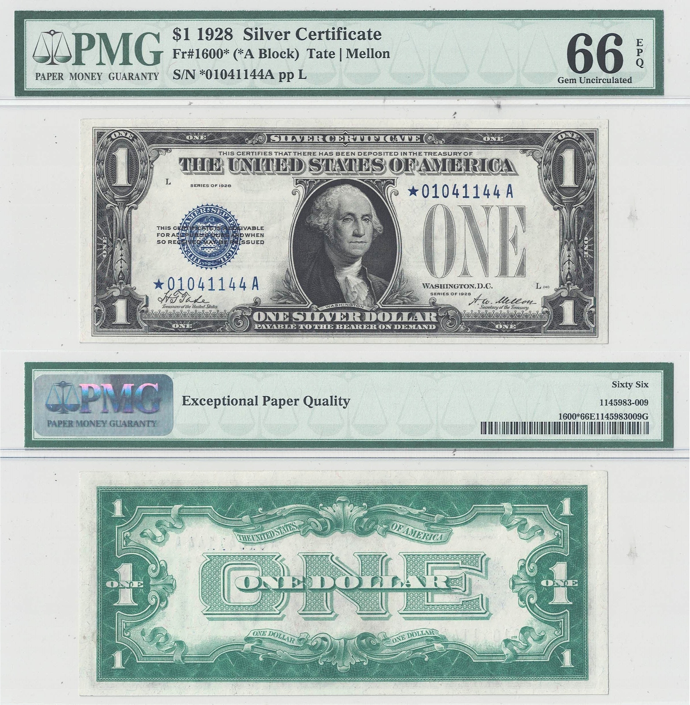 1928 $1 Silver Certificate Star Note Fr-1600* PMG Gem CU-66 EPQ