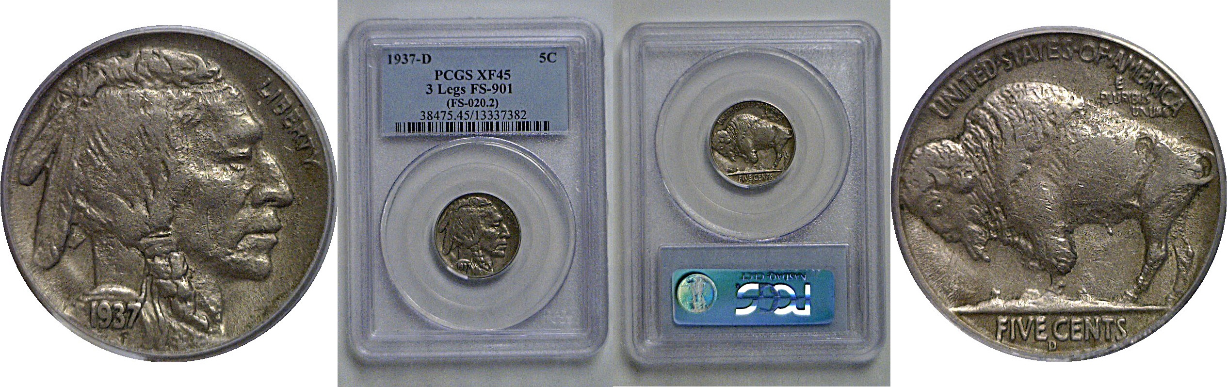 1937-D 3 Legs  Buffalo Nickel   PCGS XF-45