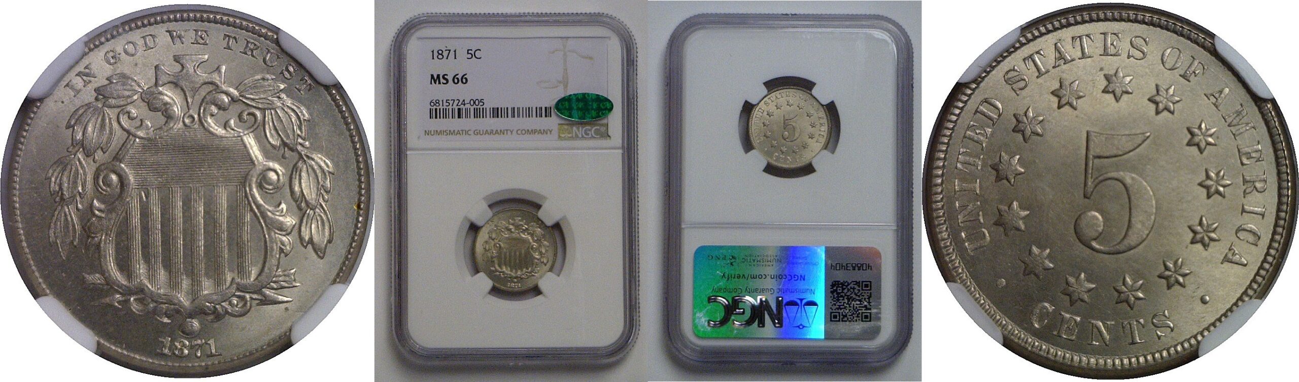 1871 Shield Nickel    NGC MS-66  CAC