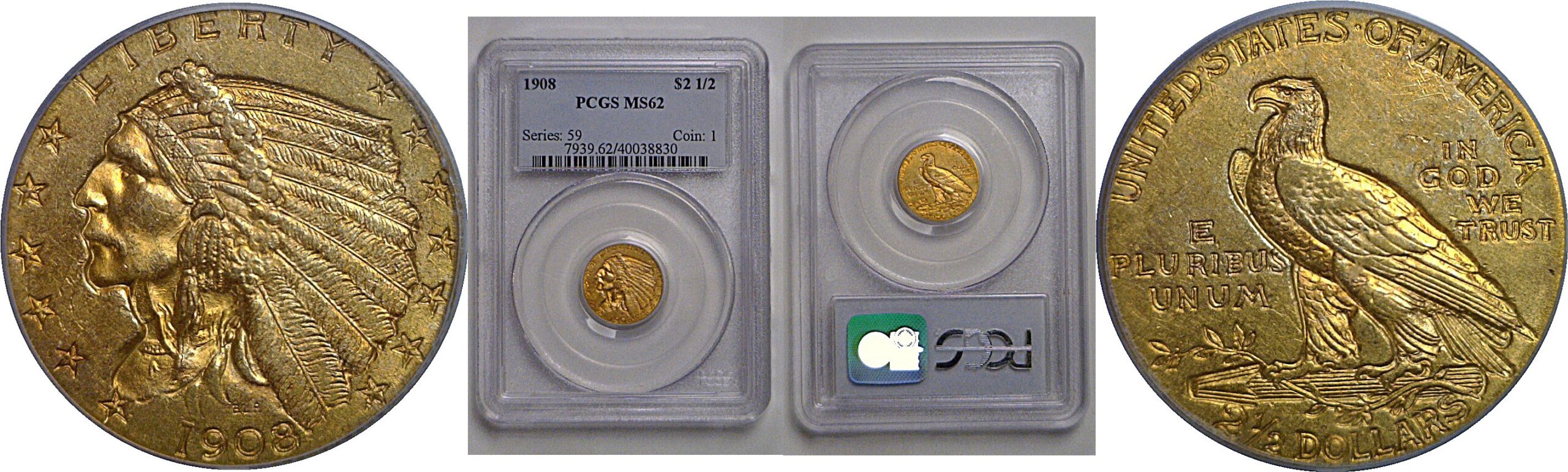 1908 $2 1/2 Indian   PCGS MS-62