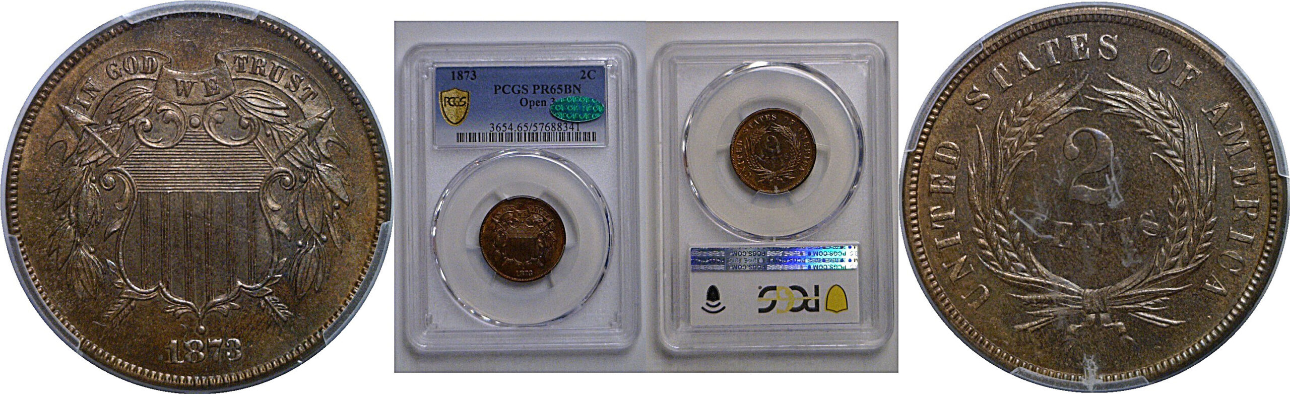 1873 Open 3  Two Cent Piece   PCGS PR-65 BN  CAC