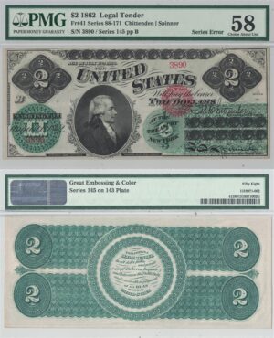1862 $2 Legal Tender Note Series Error Fr-41 PMG AU-58
