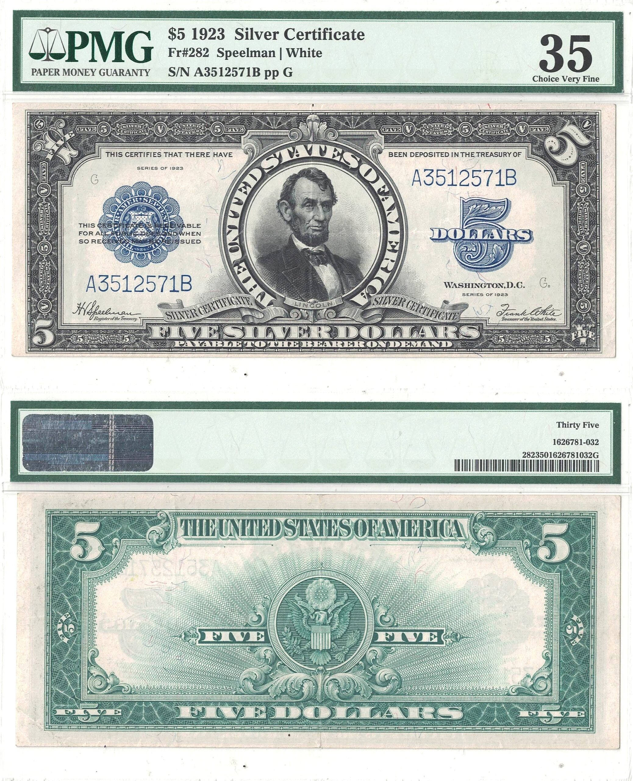 1923 $5 Silver Certificate Fr-282 PMG VF-35