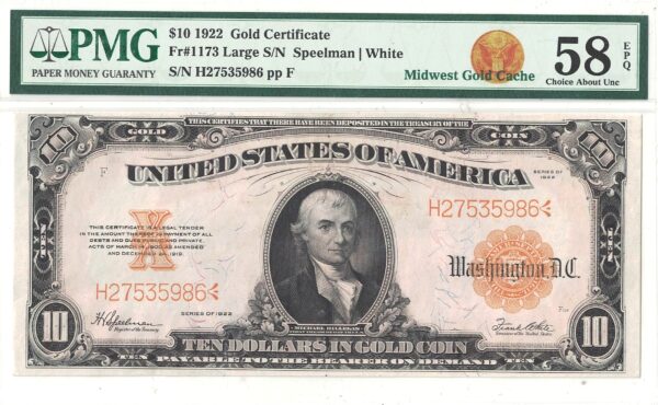 1922 $10 Gold Certificate Fr-1173 PMG AU-58 EPQ - Image 2