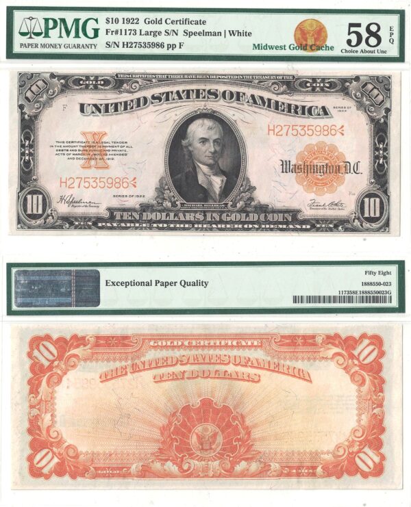 1922 $10 Gold Certificate Fr-1173 PMG AU-58 EPQ
