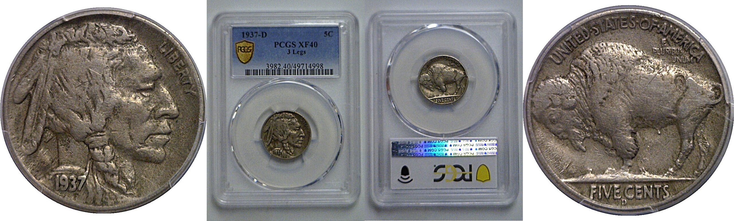 1937-D 3 Legs  Buffalo Nickel    PCGS XF-40