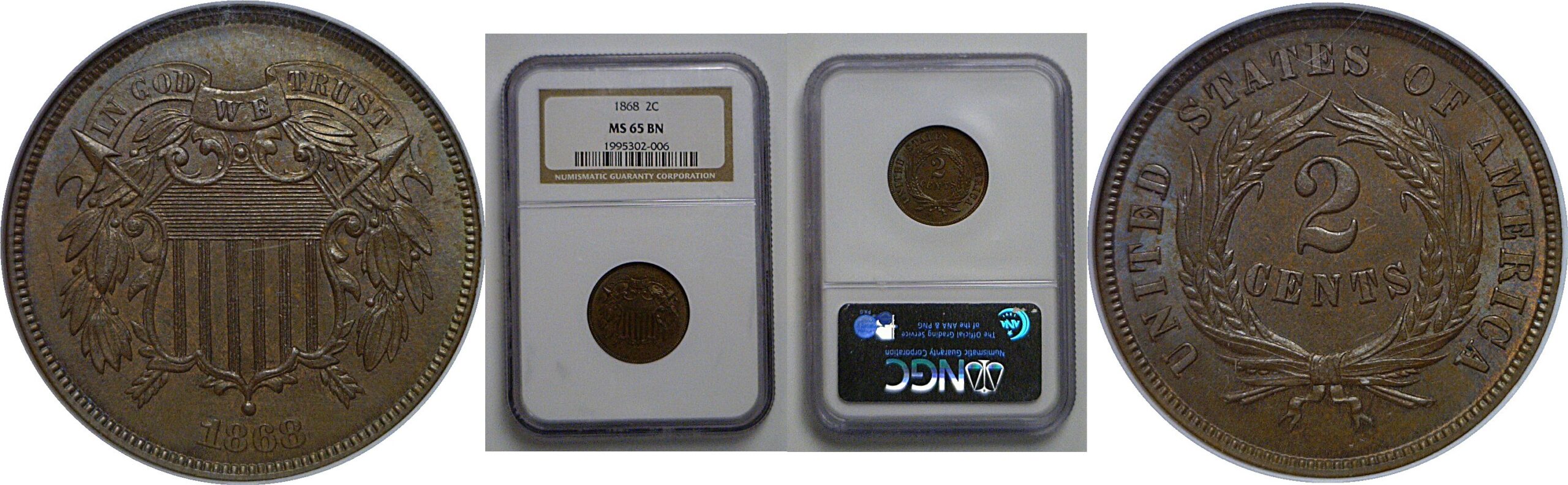 1868 Two Cent Piece   NGC MS-65 BN