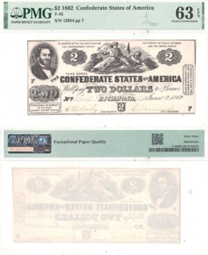1862 $2 Confederate Note T-42 PMG Choice CU-63 EPQ