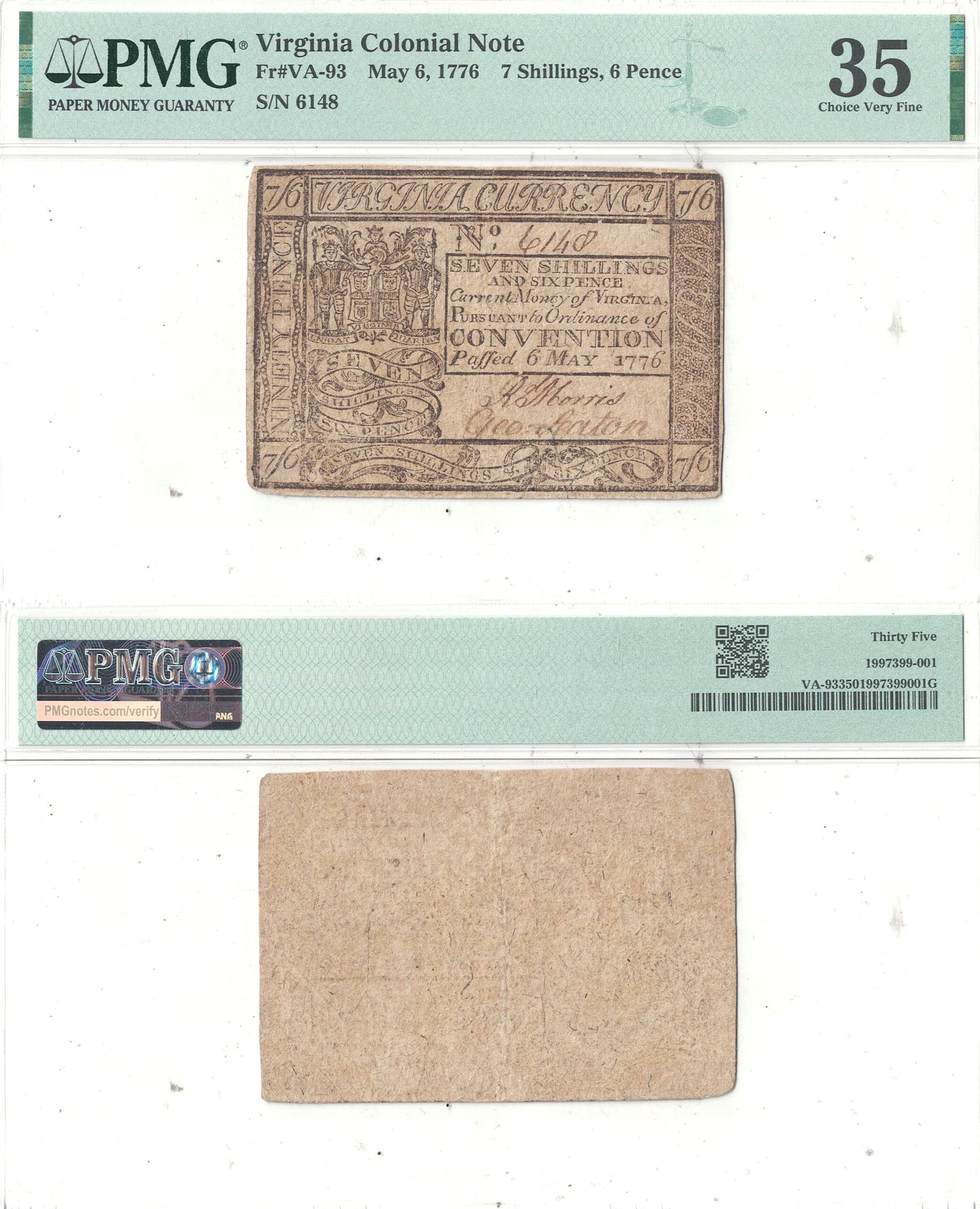 May 6, 1776 Seven Shillings Six Pence Virginia Colonial Fr VA-93 PMG VF-35