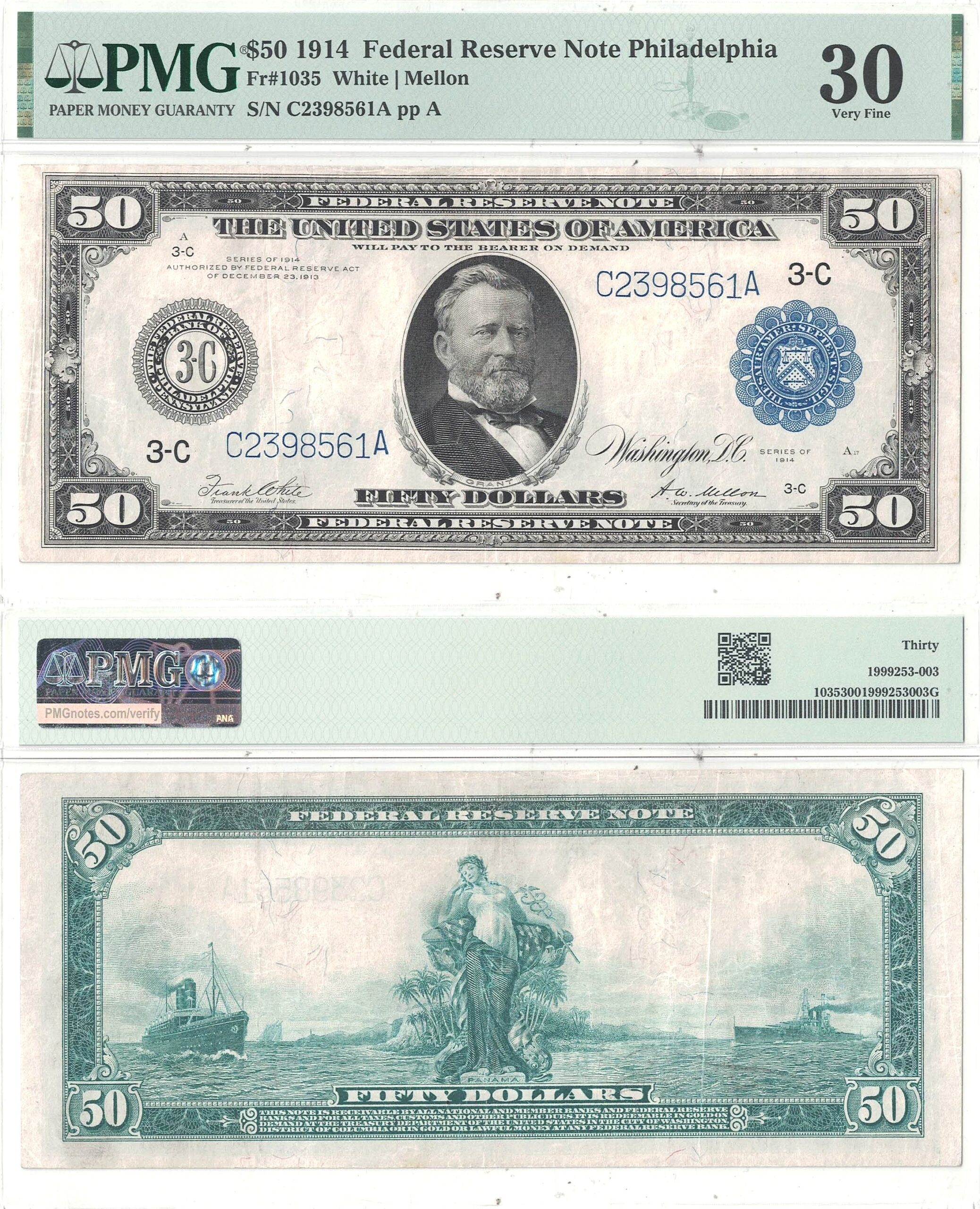 1914 $50 Federal Reserve Note Fr-1035 PMG VF-30