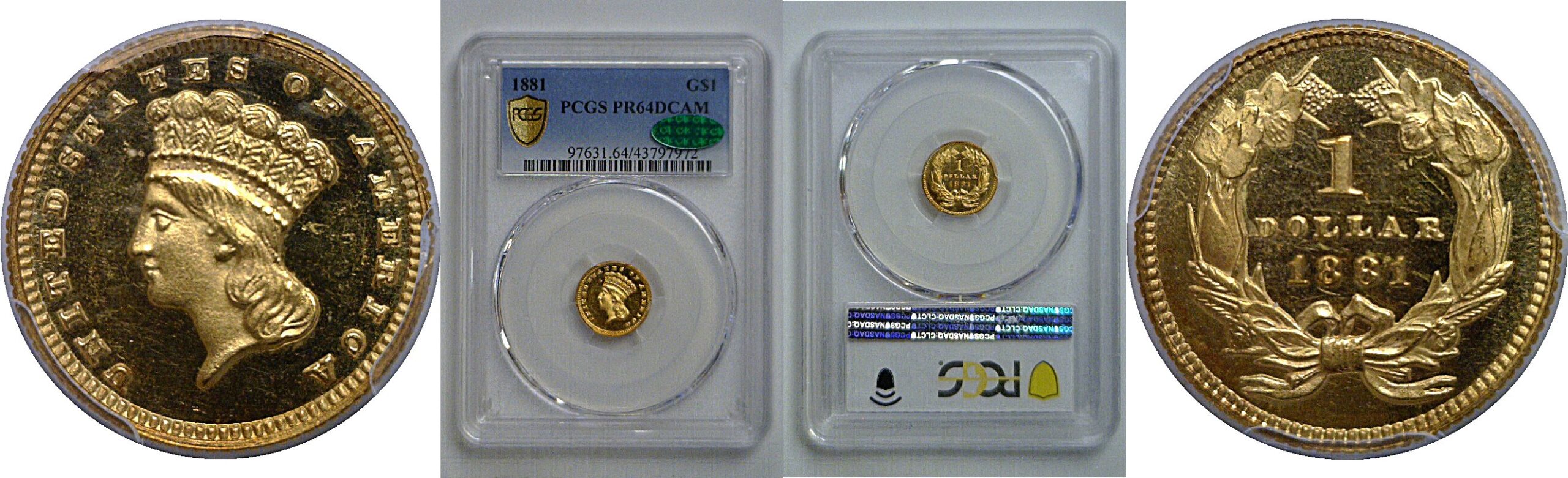 1881 One Dollar Gold Coin    PCGS PR-64 DCAM CAC