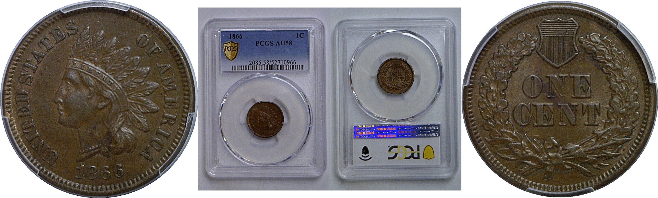 1866 Indian Head Cent   PCGS AU-58
