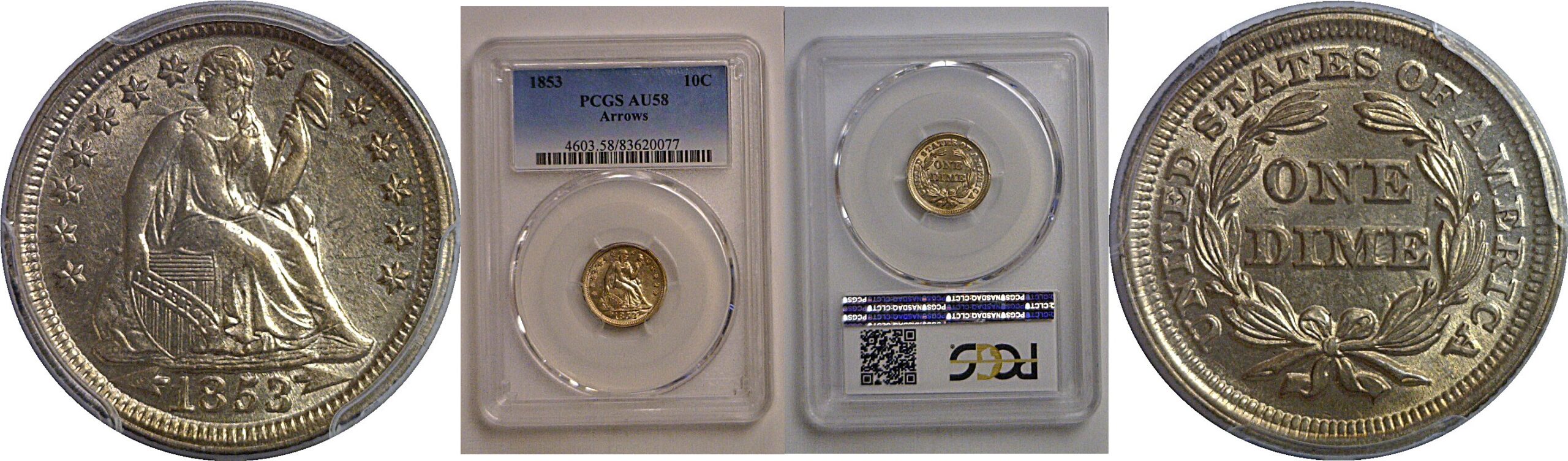 1853 Arrows  Seated Liberty Dime   PCGS AU-58