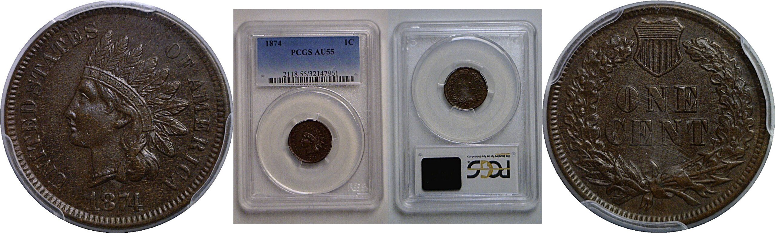 1874 Indian Head Cent   PCGS AU-55
