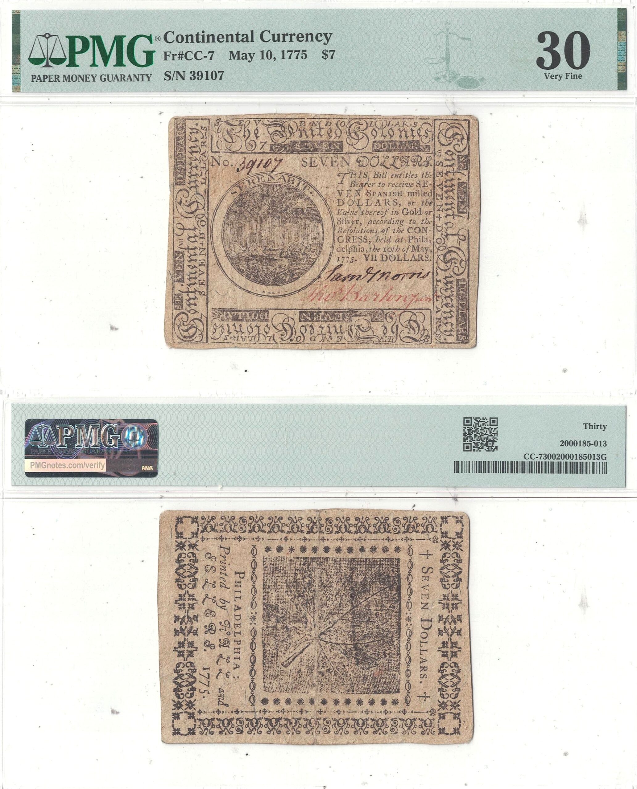 May 10, 1775 Seven Dollars Continental Currency Fr CC-7 PMG VF-30