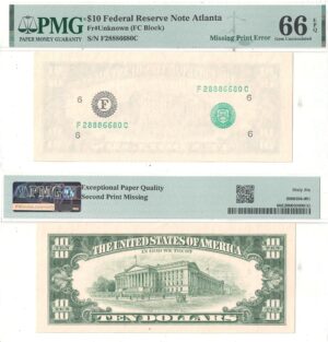 Undated $10 Federal Reserve Note Missing Print Error PMG Gem CU-66 EPQ