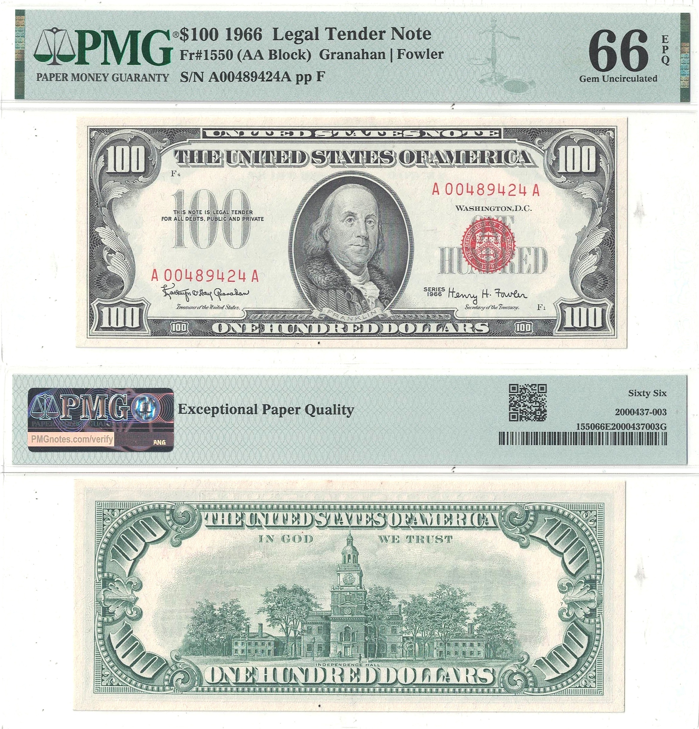 1966 $100 Legal Tender Note Fr-1550 PMG Gem CU-66 EPQ