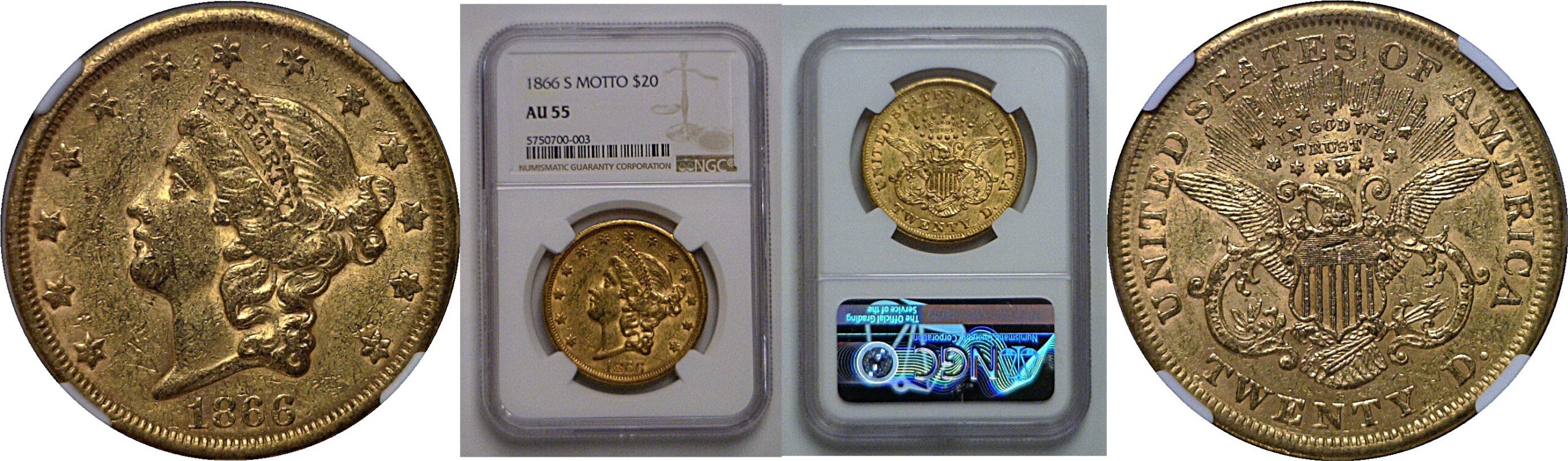 1866-S $20 Liberty   NGC AU-55