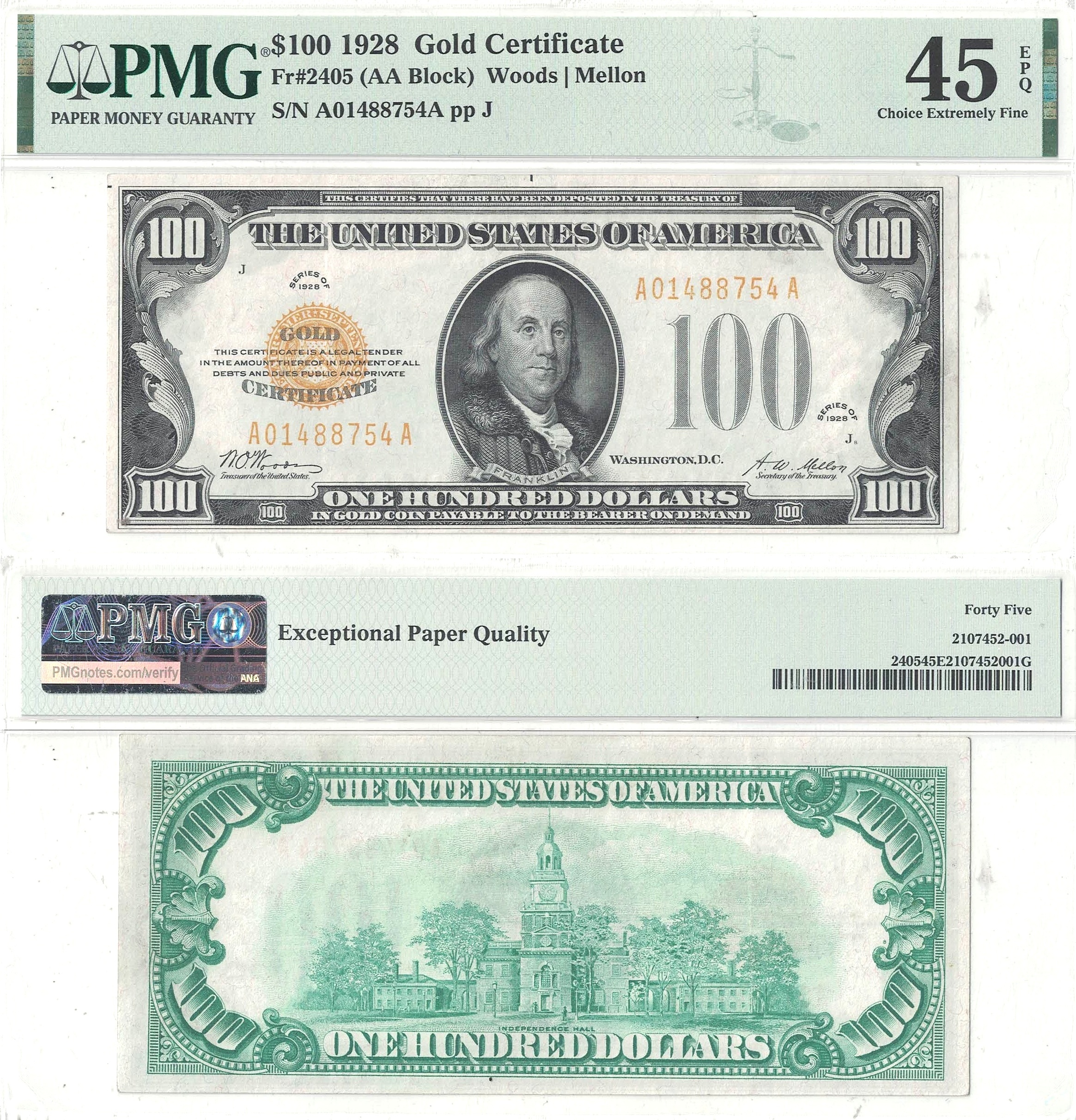 1928 $100 Gold Certificate Fr-2405 PMG XF-45 EPQ