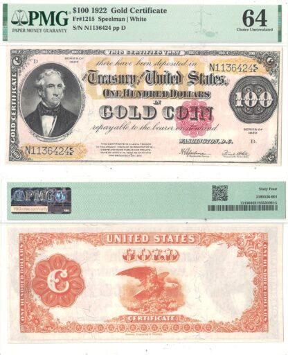 1922 $100 Gold Certificate Fr-1215 PMG Choice CU-64