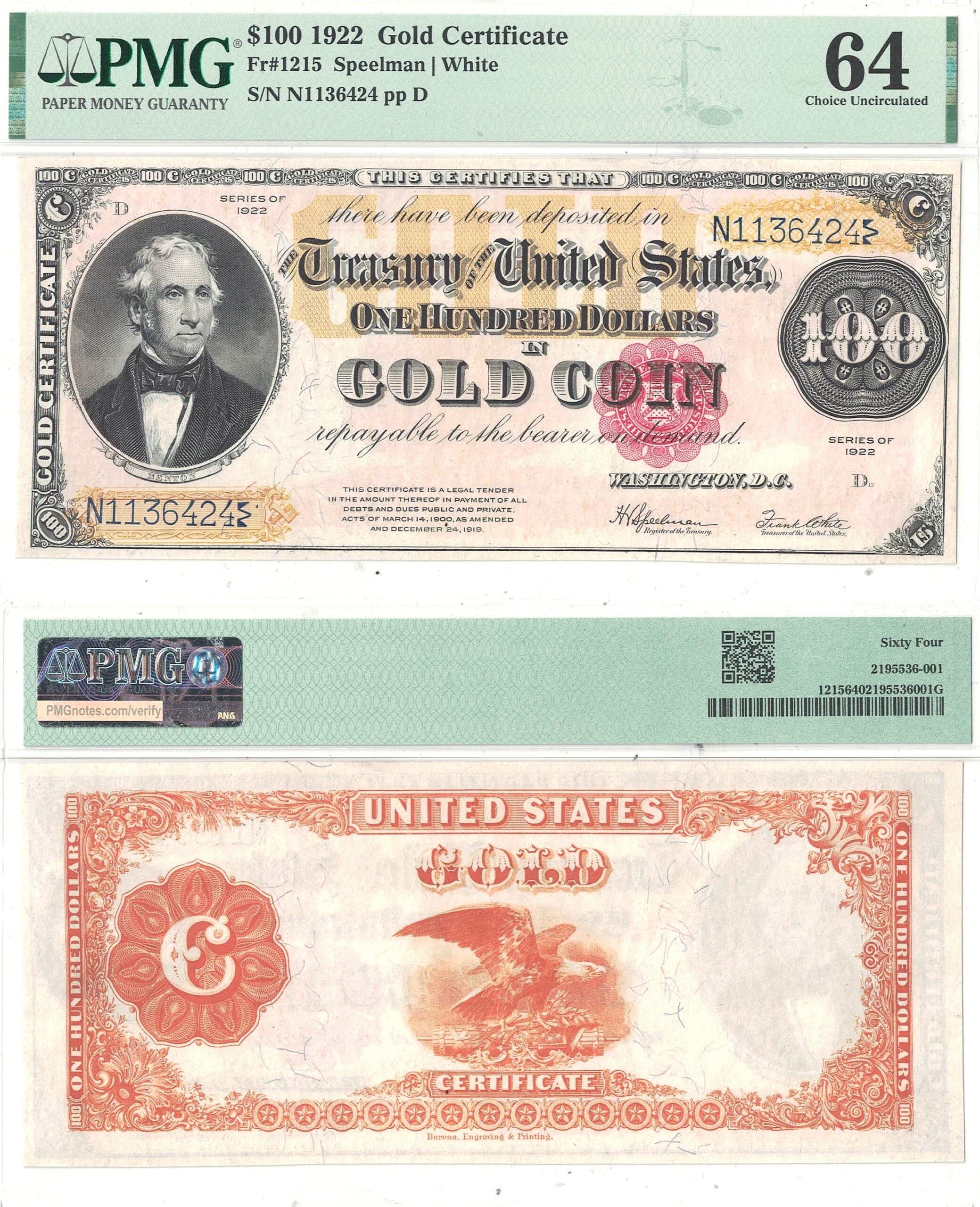 1922 $100 Gold Certificate Fr-1215 PMG Choice CU-64