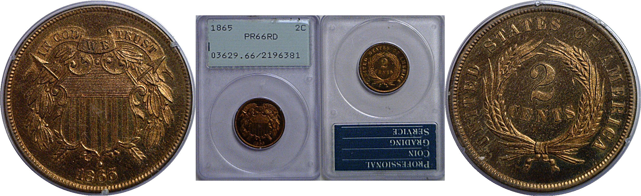 1865 Two Cent Piece   PCGS PR-66 RD