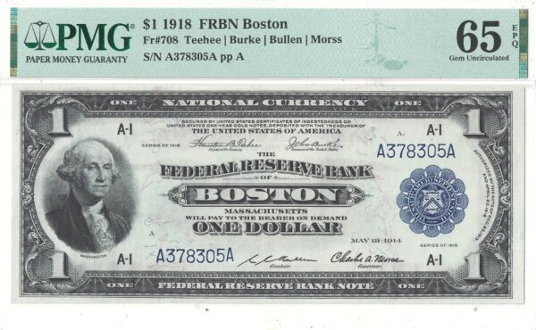 1918 $1 Federal Reserve Bank Note Fr-708 PMG Gem CU-65 EPQ - Image 2