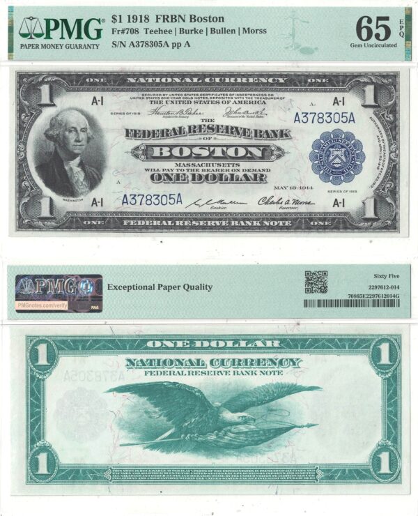 1918 $1 Federal Reserve Bank Note Fr-708 PMG Gem CU-65 EPQ
