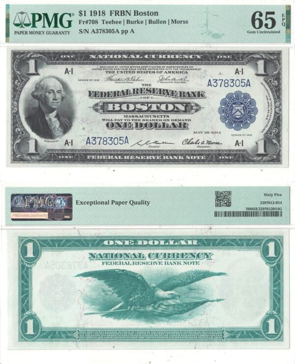 1918 $1 Federal Reserve Bank Note Fr-708 PMG Gem CU-65 EPQ