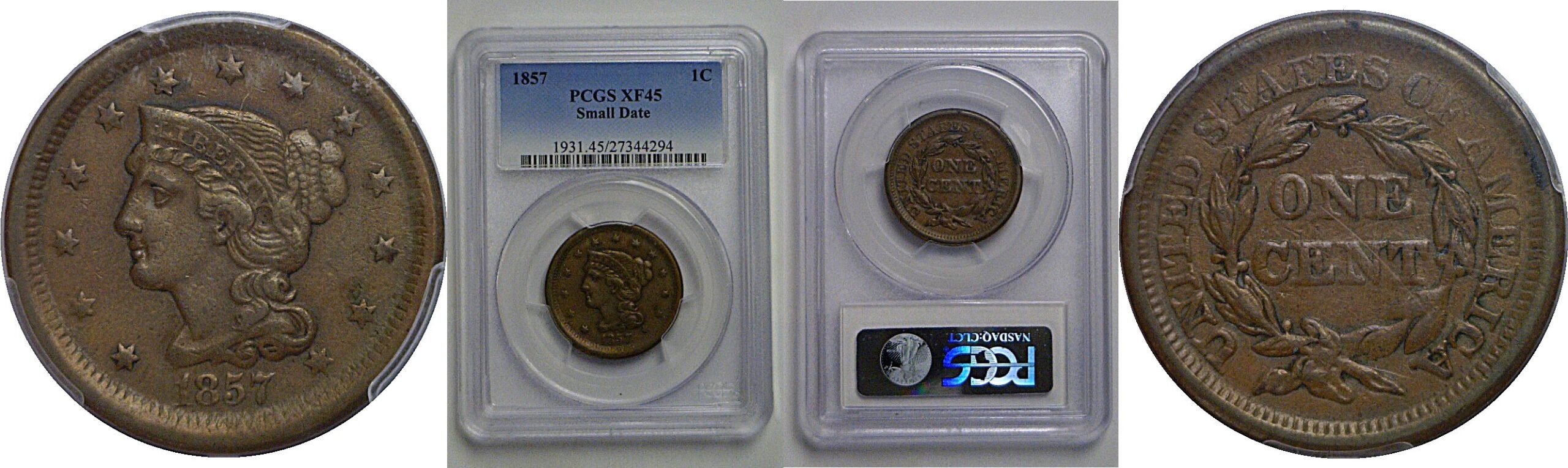 1857 Small Date  Large Cent   PCGS XF-45