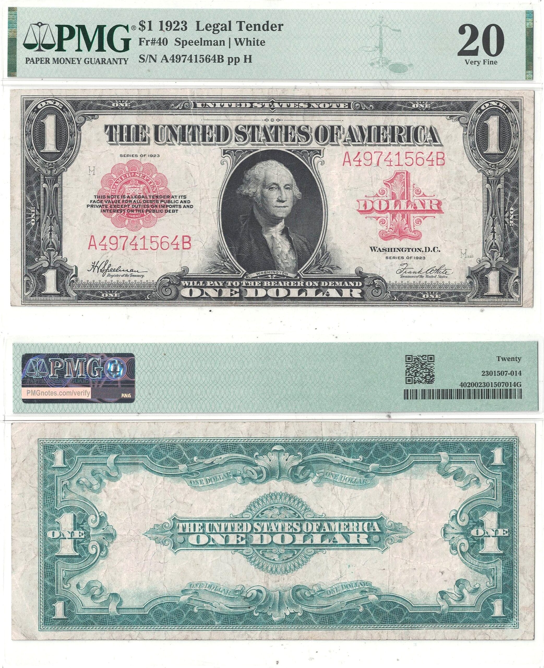 1923 $1 Legal Tender Note Fr-40 PMG VF-20