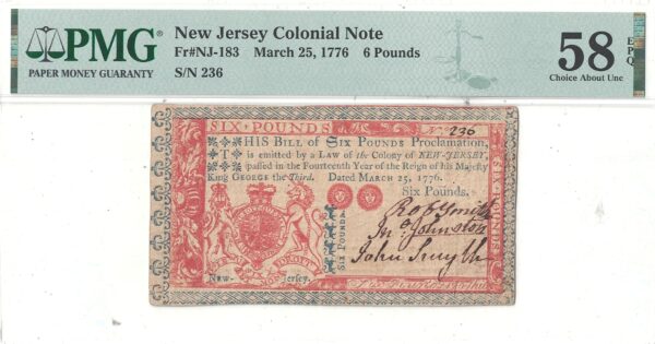 March 25, 1776 6 Pounds New Jersey Fr NJ-183 PMG AU-58 EPQ - Image 2