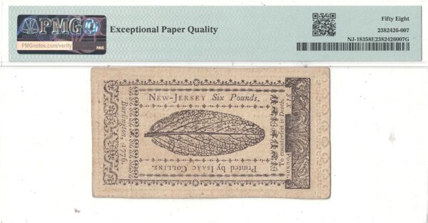 March 25, 1776 6 Pounds New Jersey Fr NJ-183 PMG AU-58 EPQ - Image 3