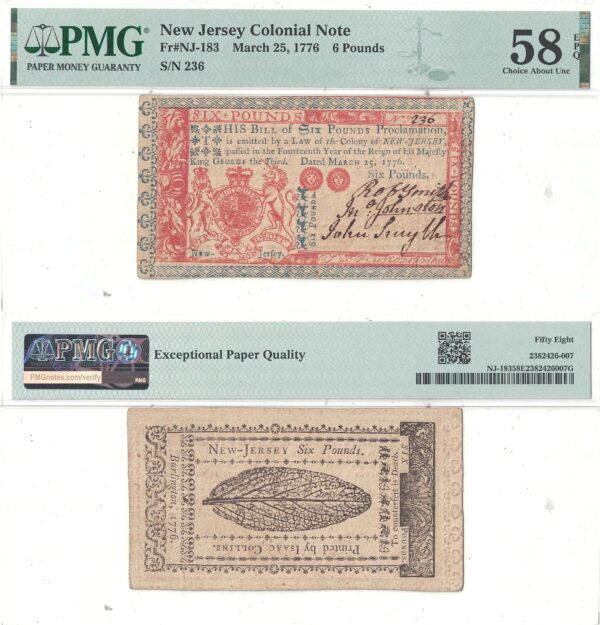 March 25, 1776 6 Pounds New Jersey Fr NJ-183 PMG AU-58 EPQ