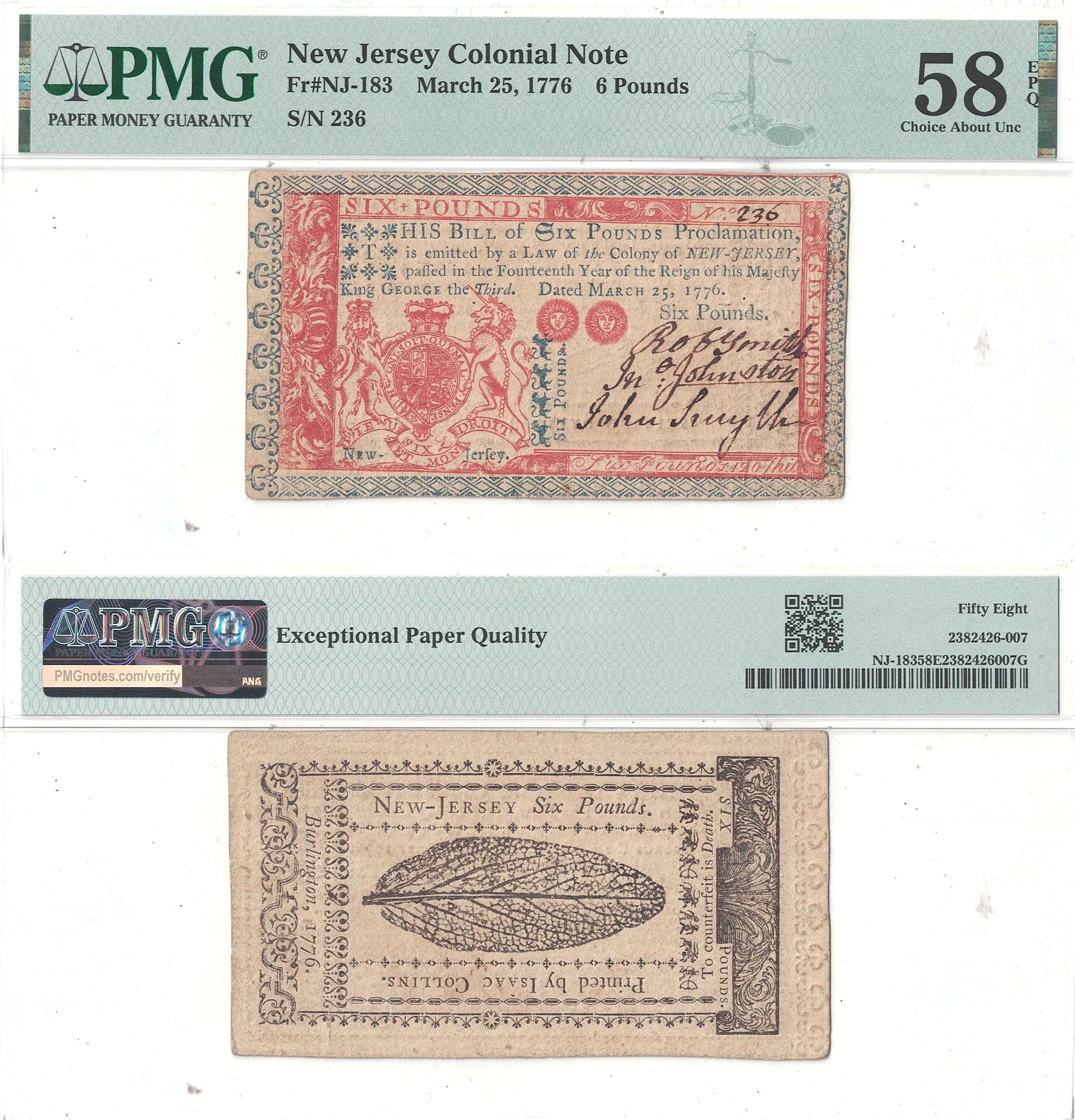March 25, 1776 6 Pounds New Jersey Fr NJ-183 PMG AU-58 EPQ